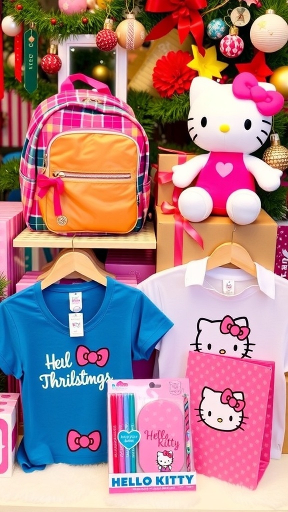 A collection of Hello Kitty gifts for teenage girls, including a backpack, plush toy, t-shirt, and stationery, set against a festive backdrop.